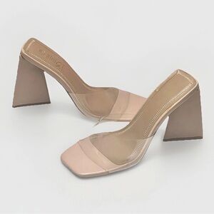 ROUGE HELIUM Clear Nude Sandals Women’s Sz 7 Square Open Toe Triangle Block Heel
